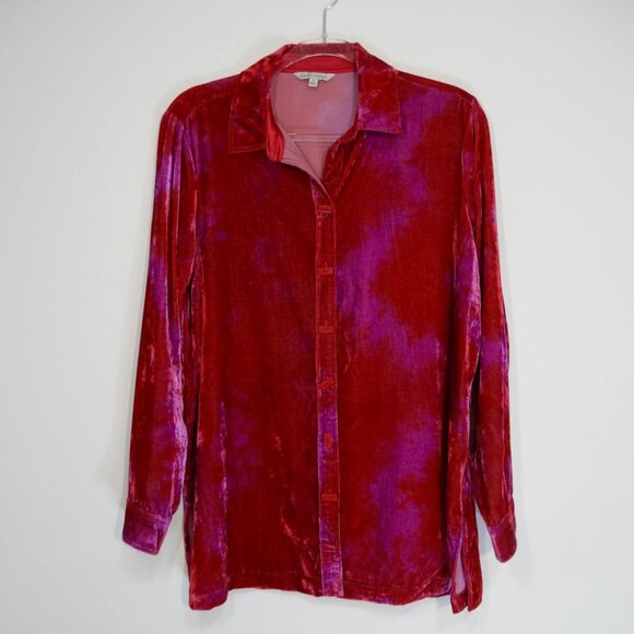 JOHN MARK Point Collar Button Front Tunic Top Size S Red Pink Tie Dye Velvet NEW - Picture 3 of 8